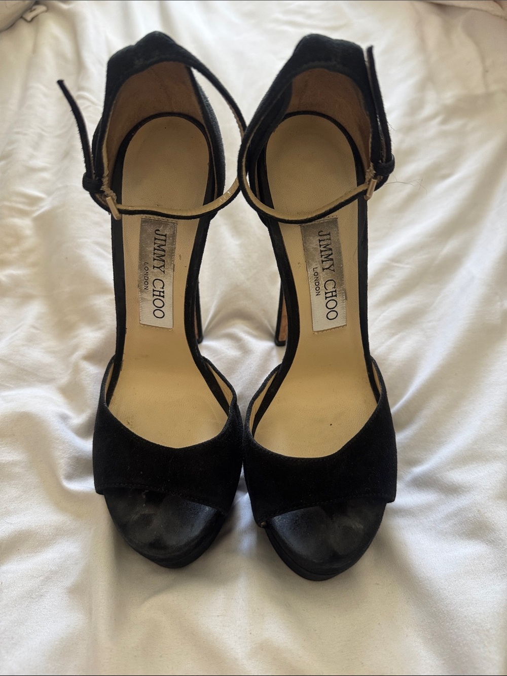 Jimmy Choo Black Suede Ankle-Strap Peep-Toe Pumps
